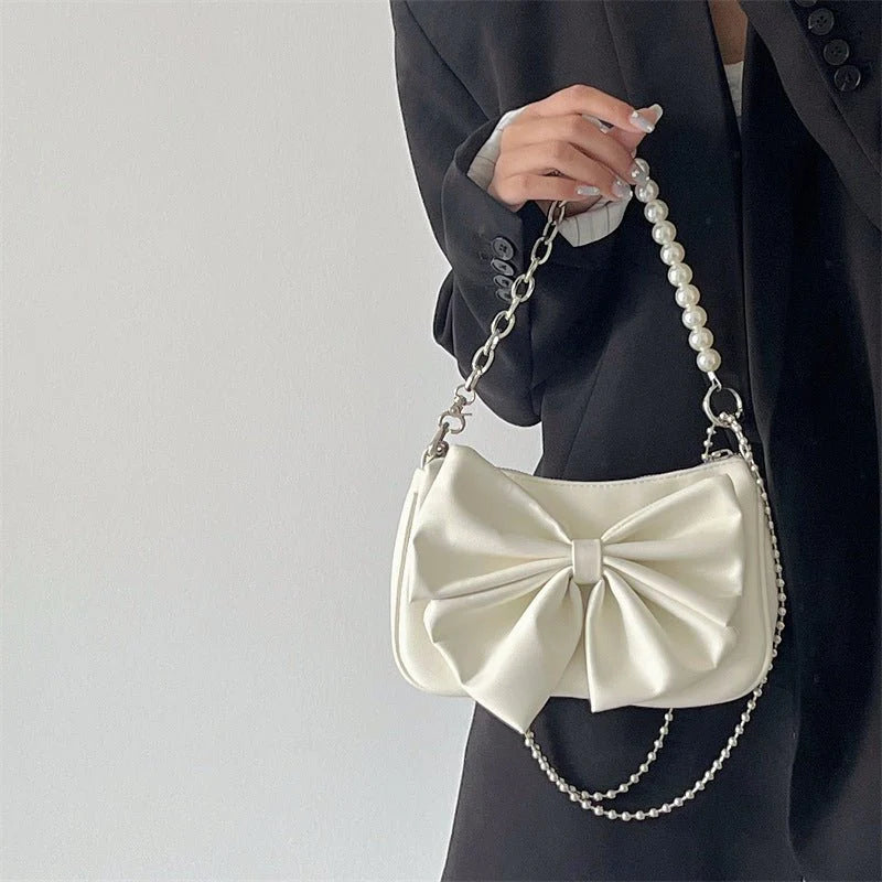Elegant Bow Handbag | Pearl Chain Mini Shoulder Bag